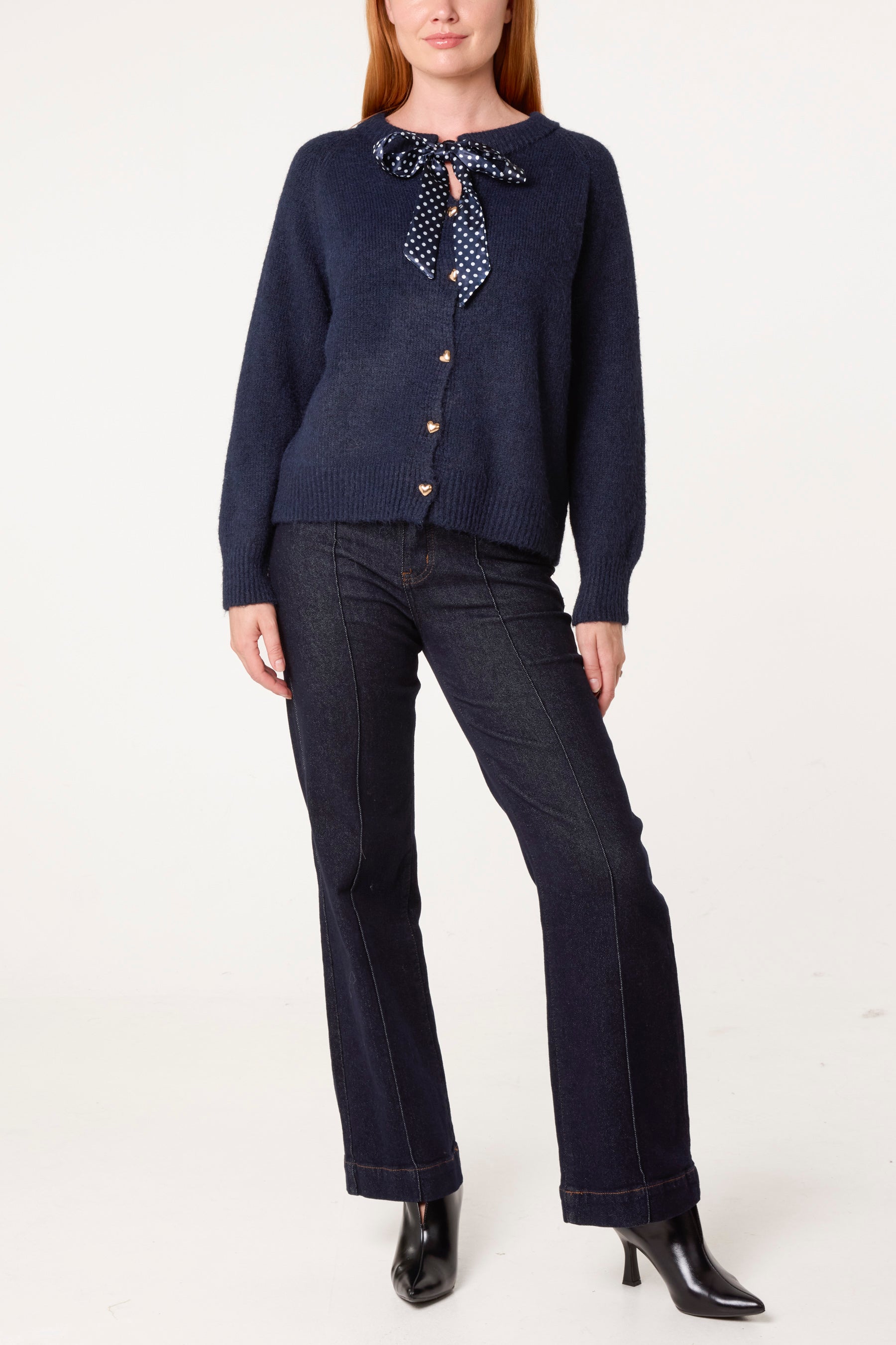 Heart Shaped Button Through Knit Cardigan & Polkadot Bow