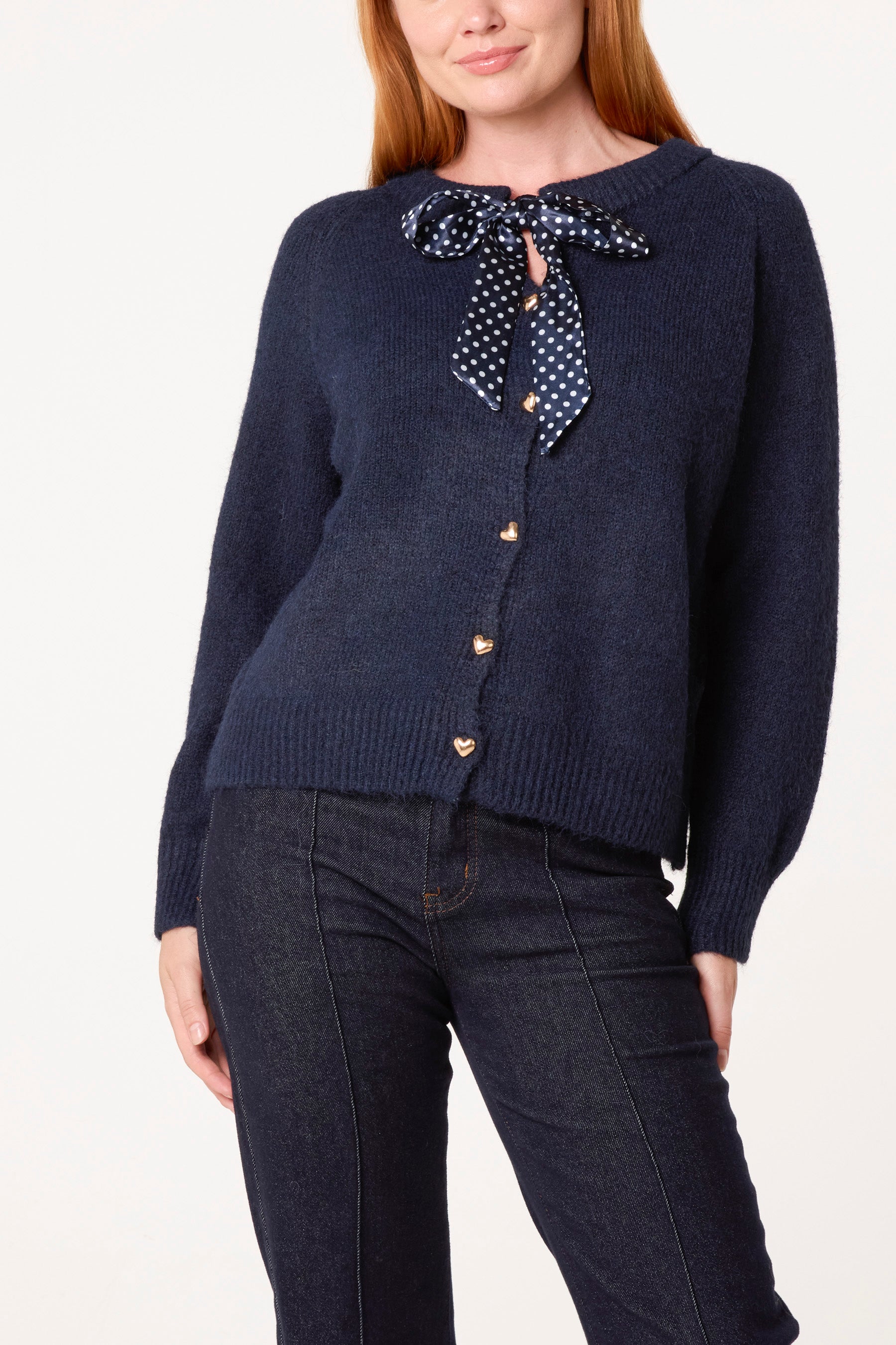 Heart Shaped Button Through Knit Cardigan & Polkadot Bow