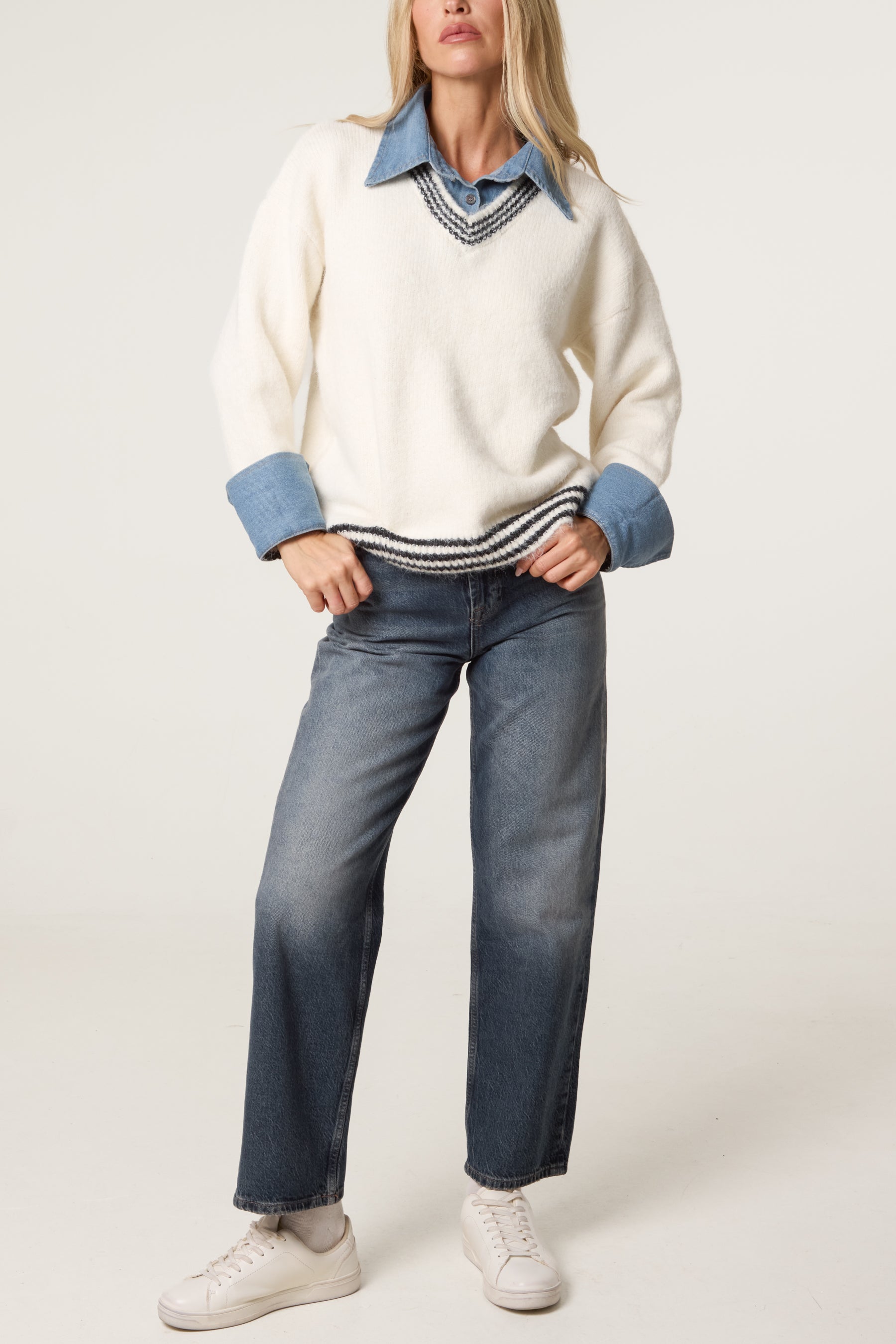 Denim Shirt Collar Knit Jumper