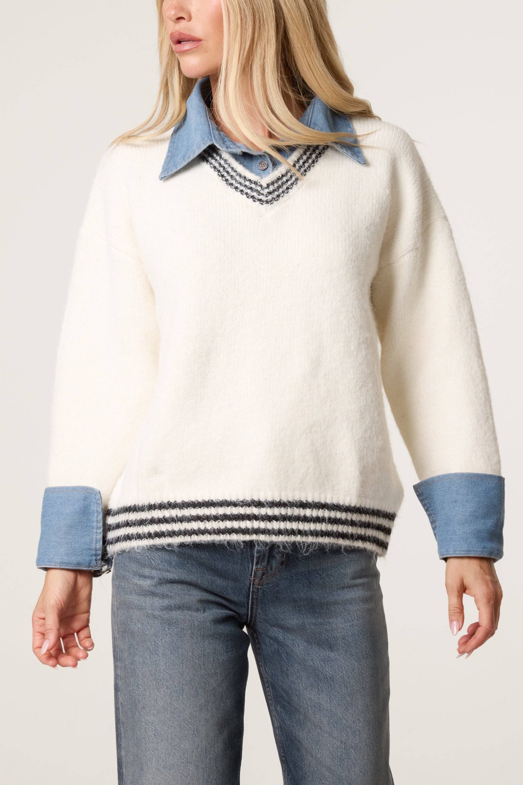 Denim Shirt Collar Knit Jumper