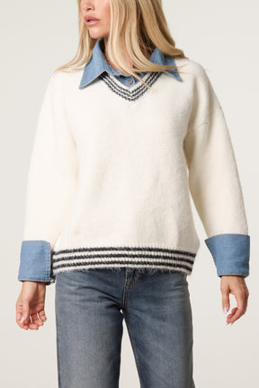 Denim Shirt Collar Knit Jumper