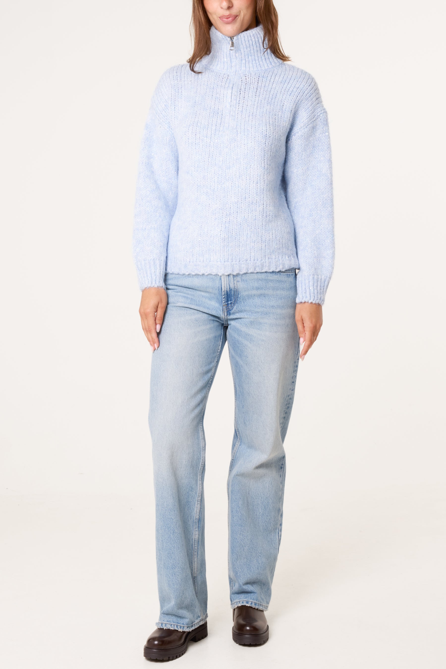 High Neck Zip Sequined Knit Jumper