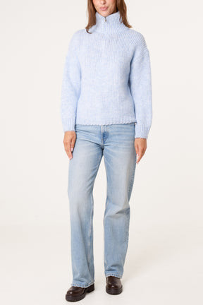 High Neck Zip Sequined Knit Jumper