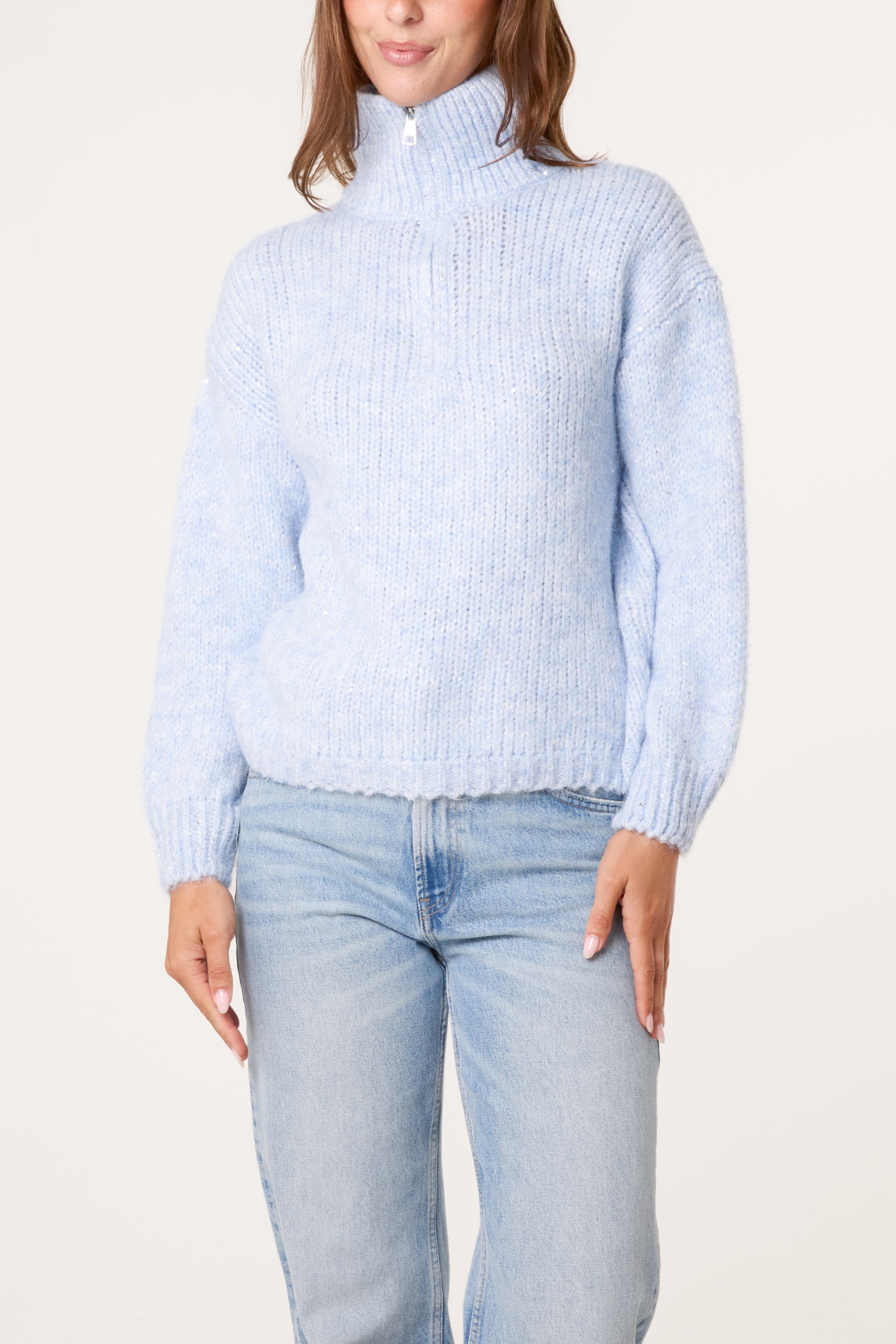 High Neck Zip Sequined Knit Jumper