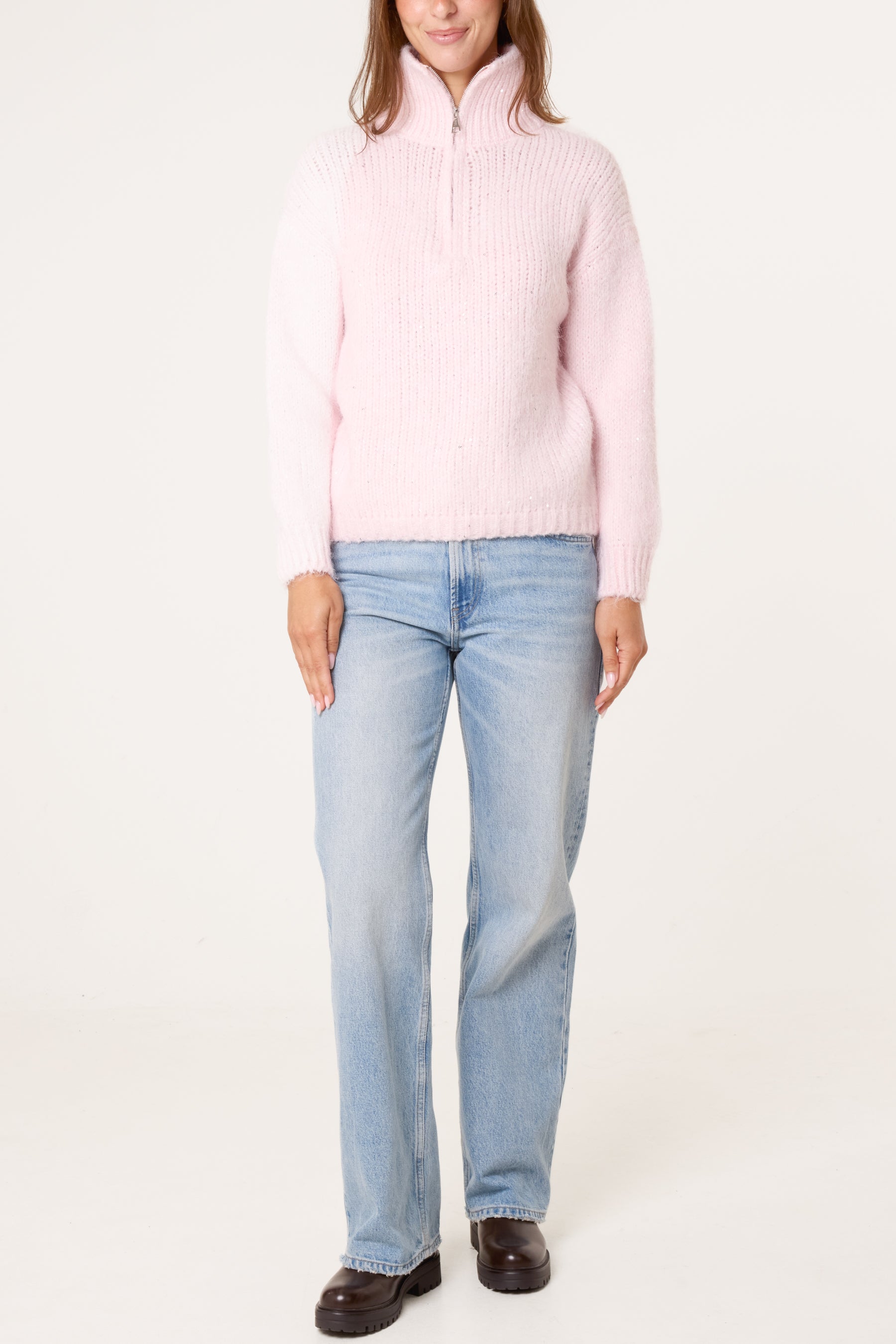 High Neck Zip Sequined Knit Jumper