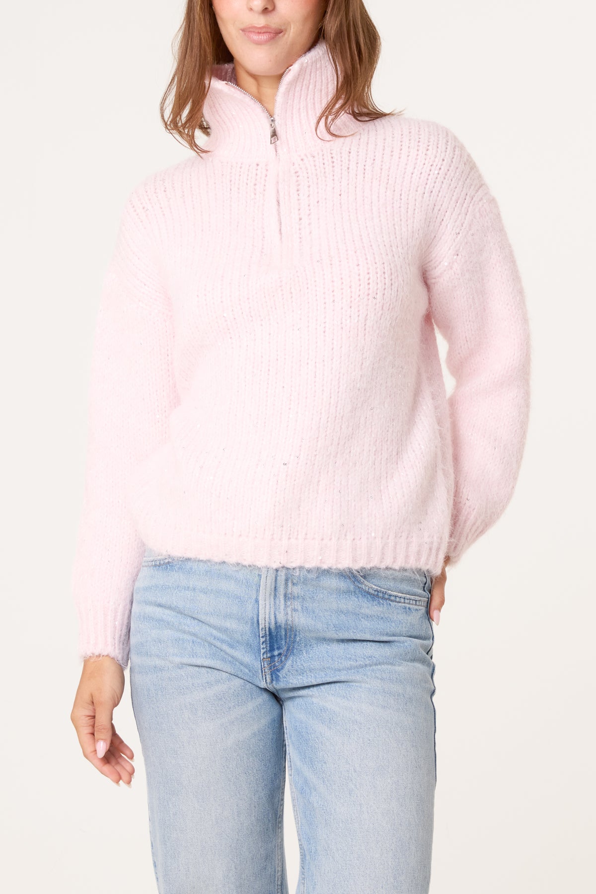 High Neck Zip Sequined Knit Jumper