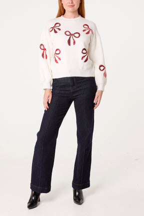 Red Sequin Bows Knitted Jumper