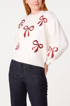 Red Sequin Bows Knitted Jumper
