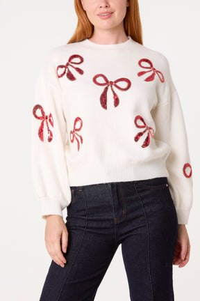 Red Sequin Bows Knitted Jumper