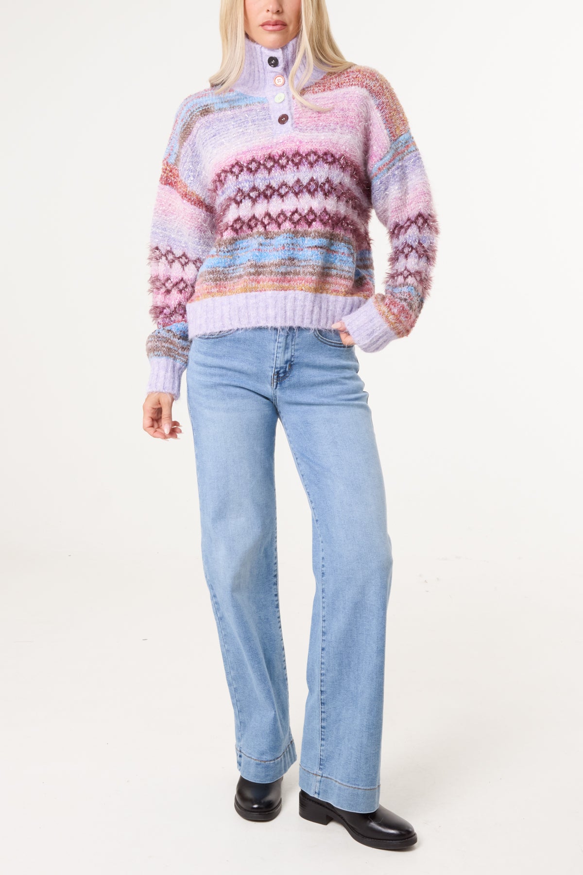 High Neck Flecked Stripe Knit Jumper