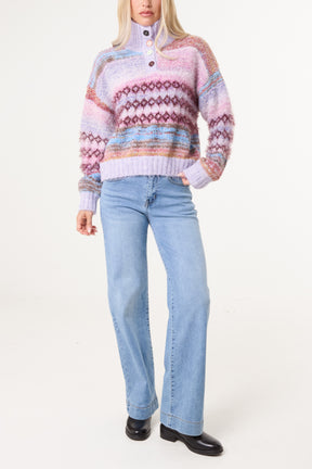 High Neck Flecked Stripe Knit Jumper
