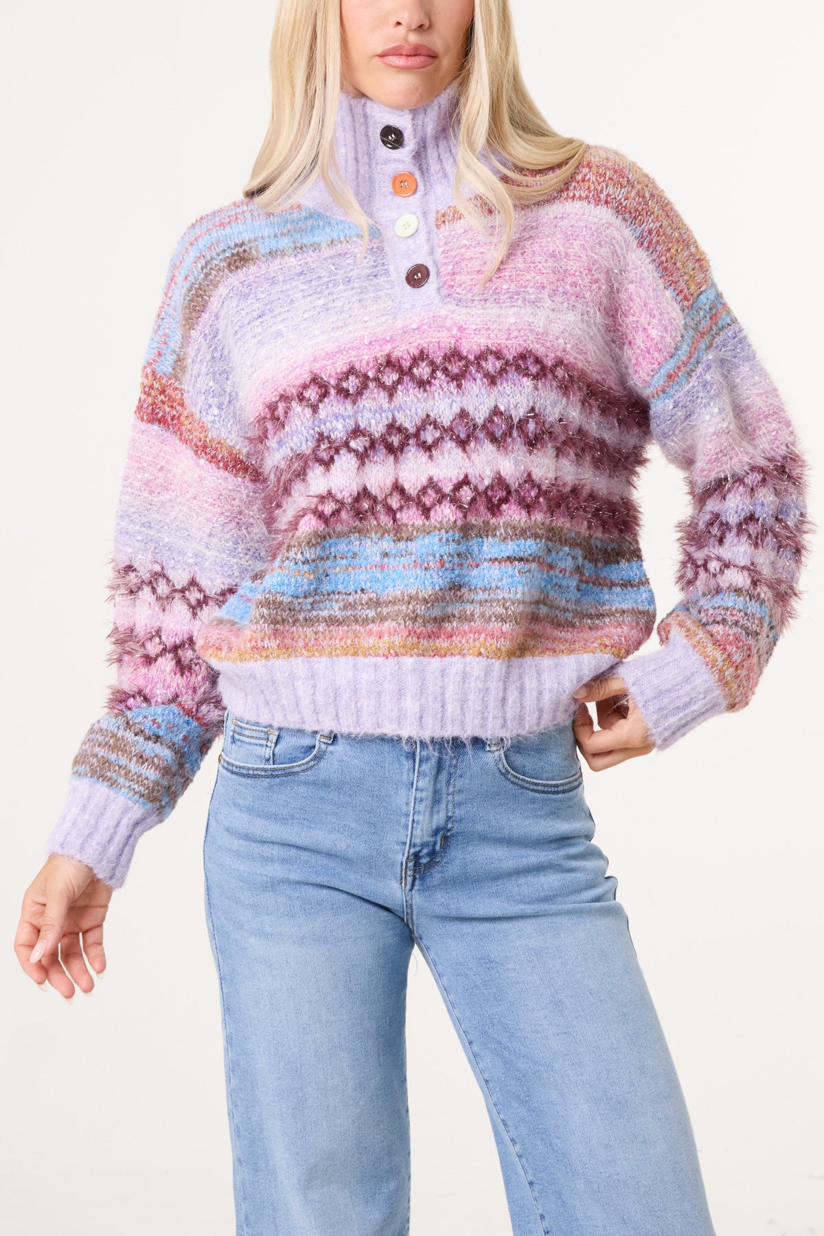 High Neck Flecked Stripe Knit Jumper