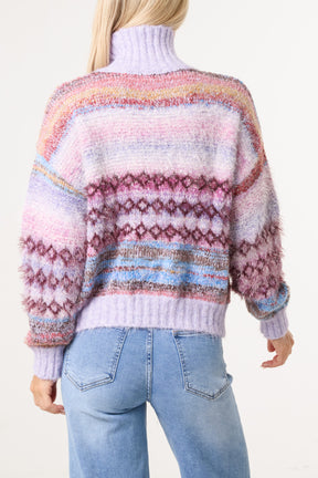 High Neck Flecked Stripe Knit Jumper