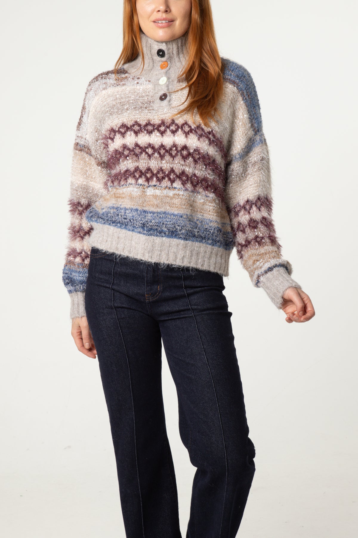High Neck Flecked Stripe Knit Jumper