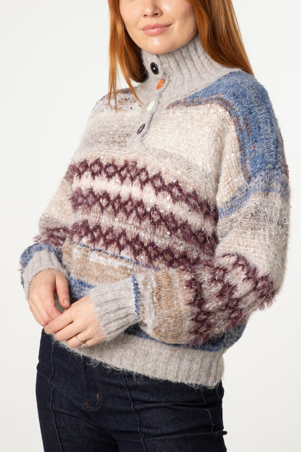 High Neck Flecked Stripe Knit Jumper