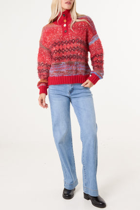 High Neck Flecked Stripe Knit Jumper