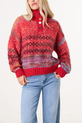 High Neck Flecked Stripe Knit Jumper