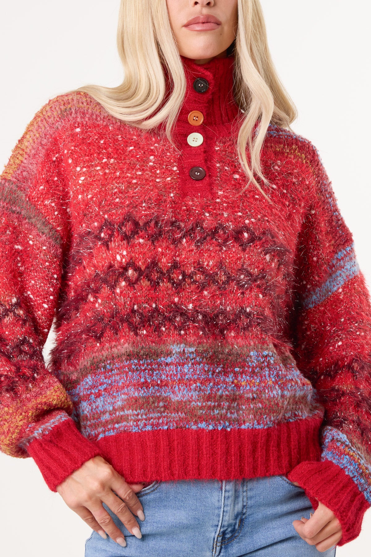 High Neck Flecked Stripe Knit Jumper