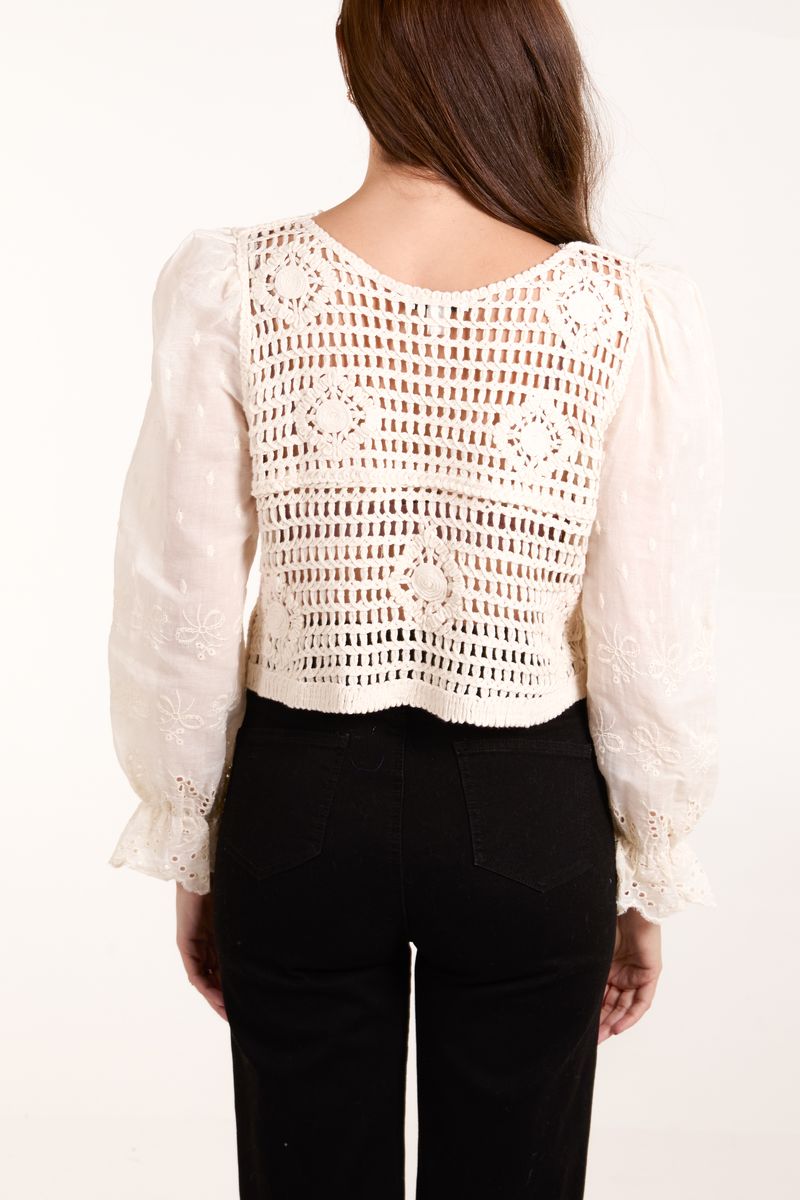 Puff Sleeve Crochet & Anglaise Button Top