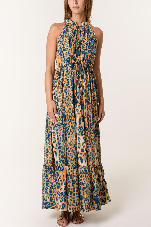 Diamante Animal Print Tiered Maxi Dress