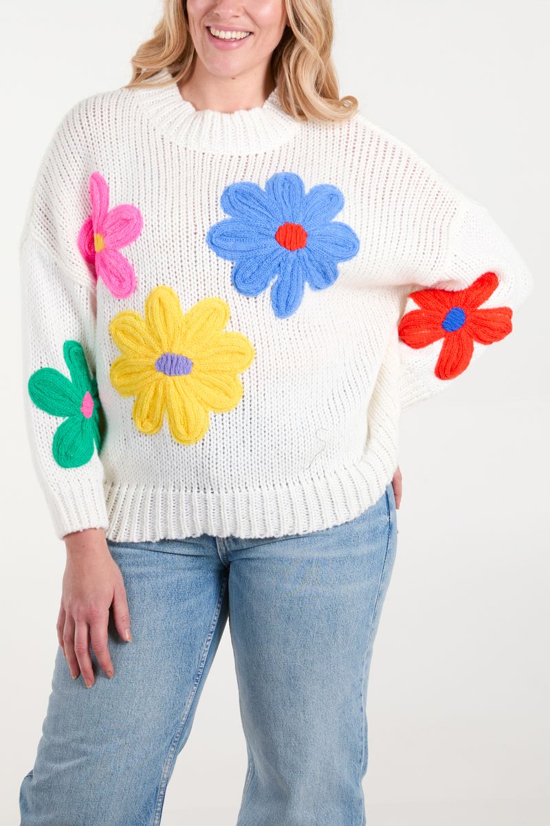 High Neck Knitted Flowers Jumper