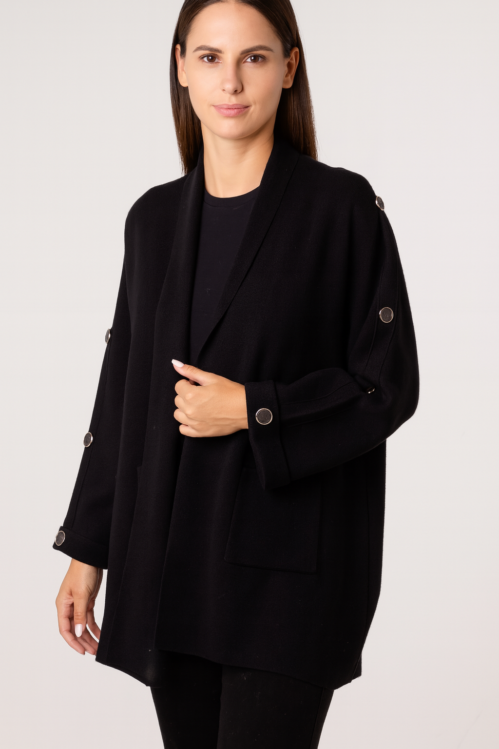 Button Sleeve Open Front Cardigan