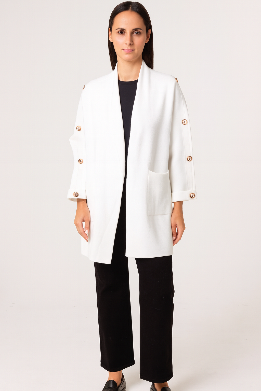 Button Sleeve Open Front Cardigan