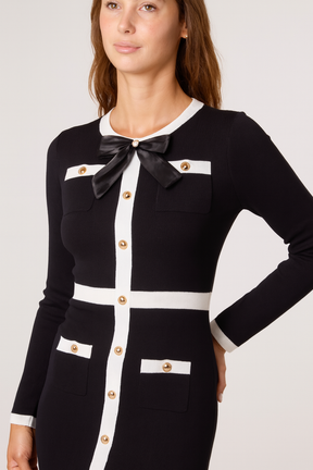 Gold Button & Bow Contrast Knit Dress