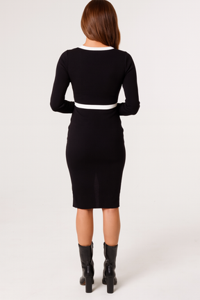 Gold Button & Bow Contrast Knit Dress