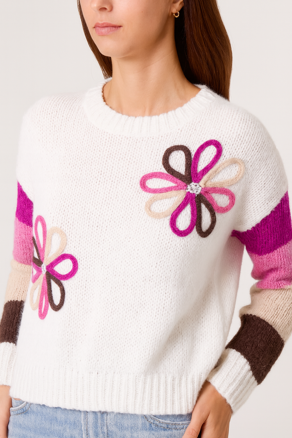 Colourful Floral Embroidery Striped Jumper