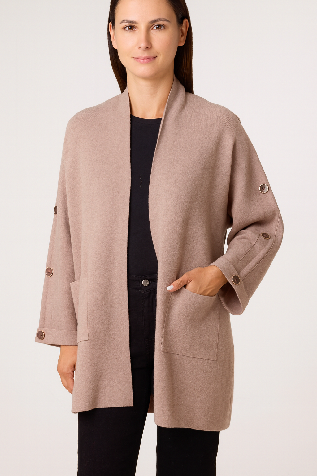Button Sleeve Open Front Cardigan