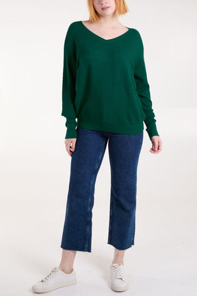 Emerald Ribbed Knit V-Neck Jumper