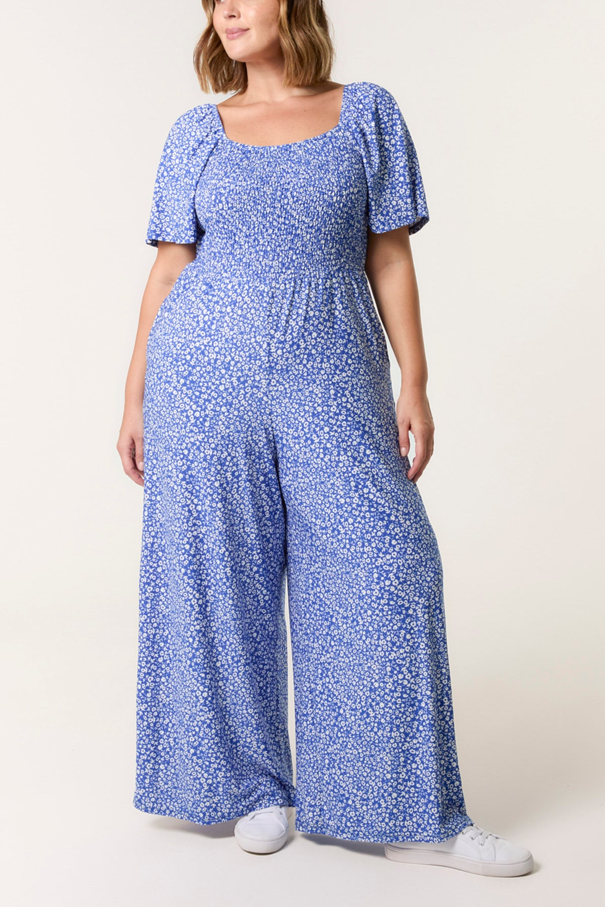 Curve Ditsy Floral Square Neck Shirred Jumpsuit