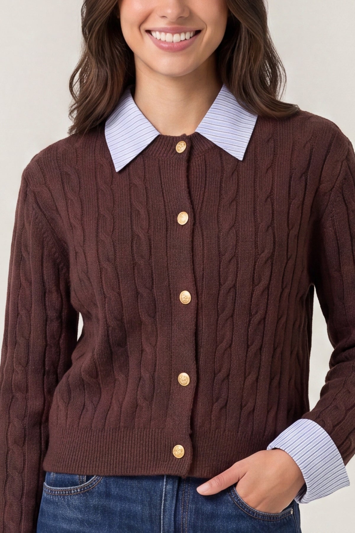 Cable Knit Cardigan With Collar