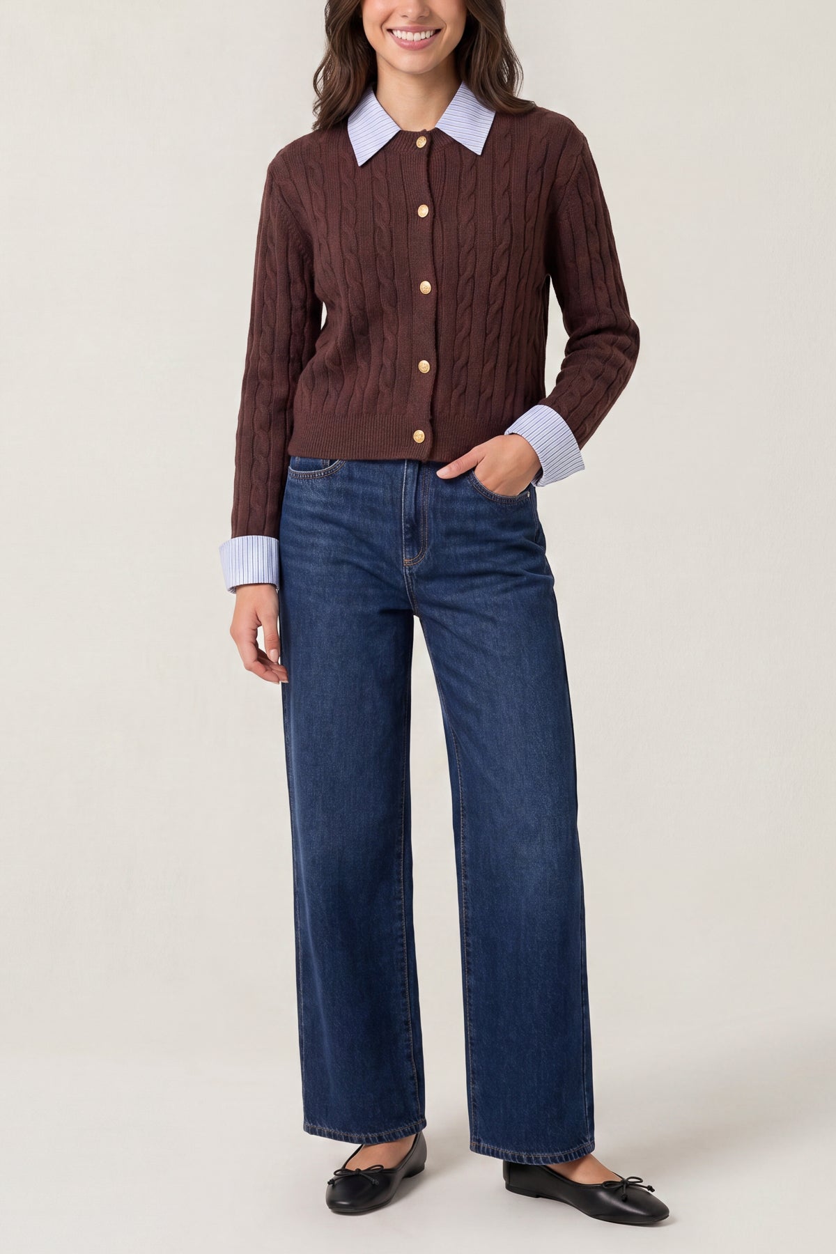 Cable Knit Cardigan With Collar