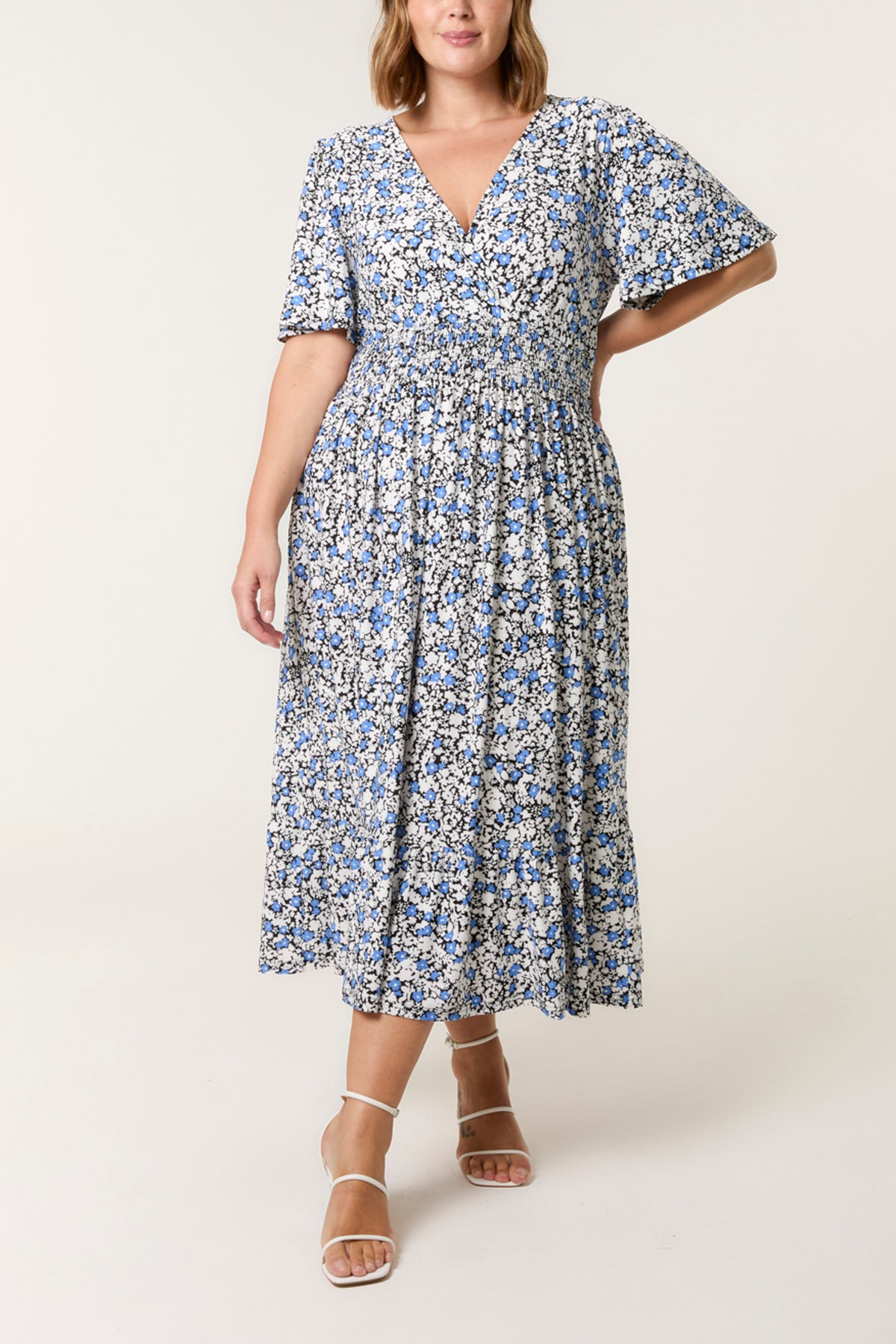 Curve Ditsy Floral Shirred Wrap Dress