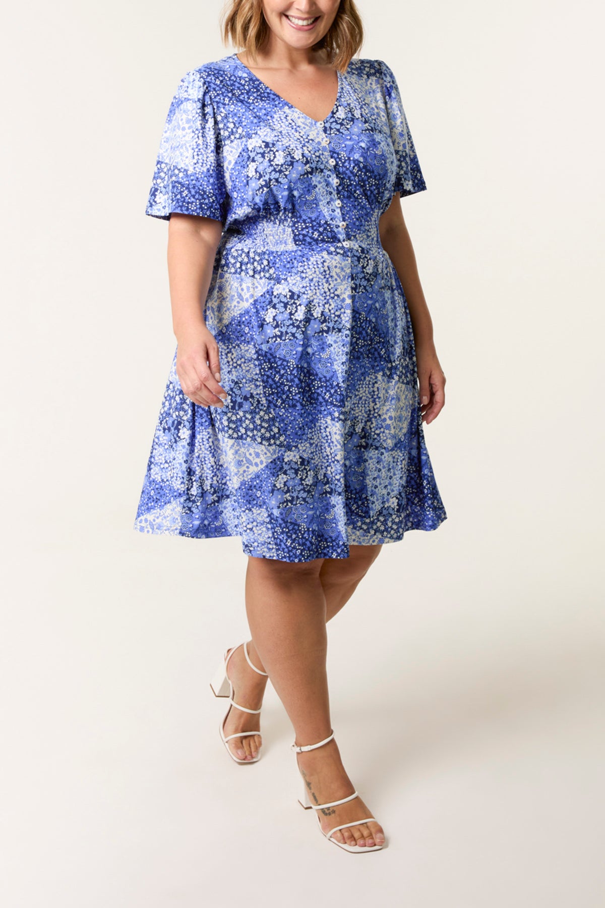 Curve Patchwork Floral Button Mini Dress