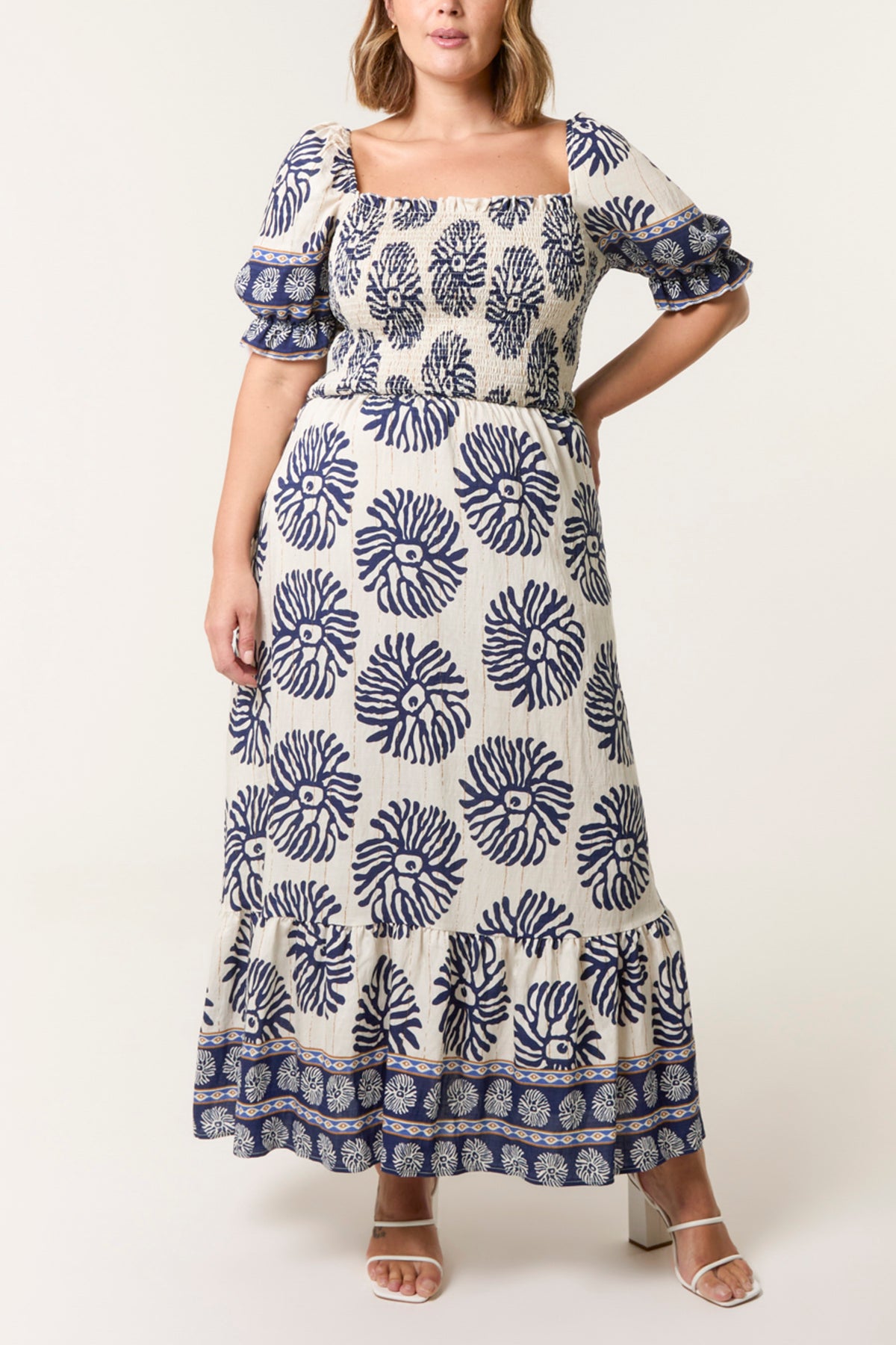 Curve Square Shirred Neck Printed Maxi Dress