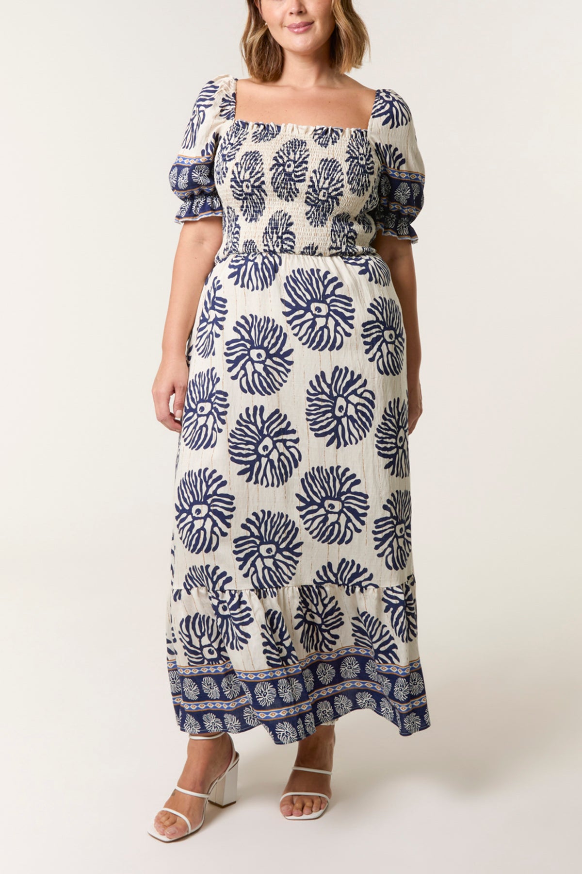 Curve Square Shirred Neck Printed Maxi Dress