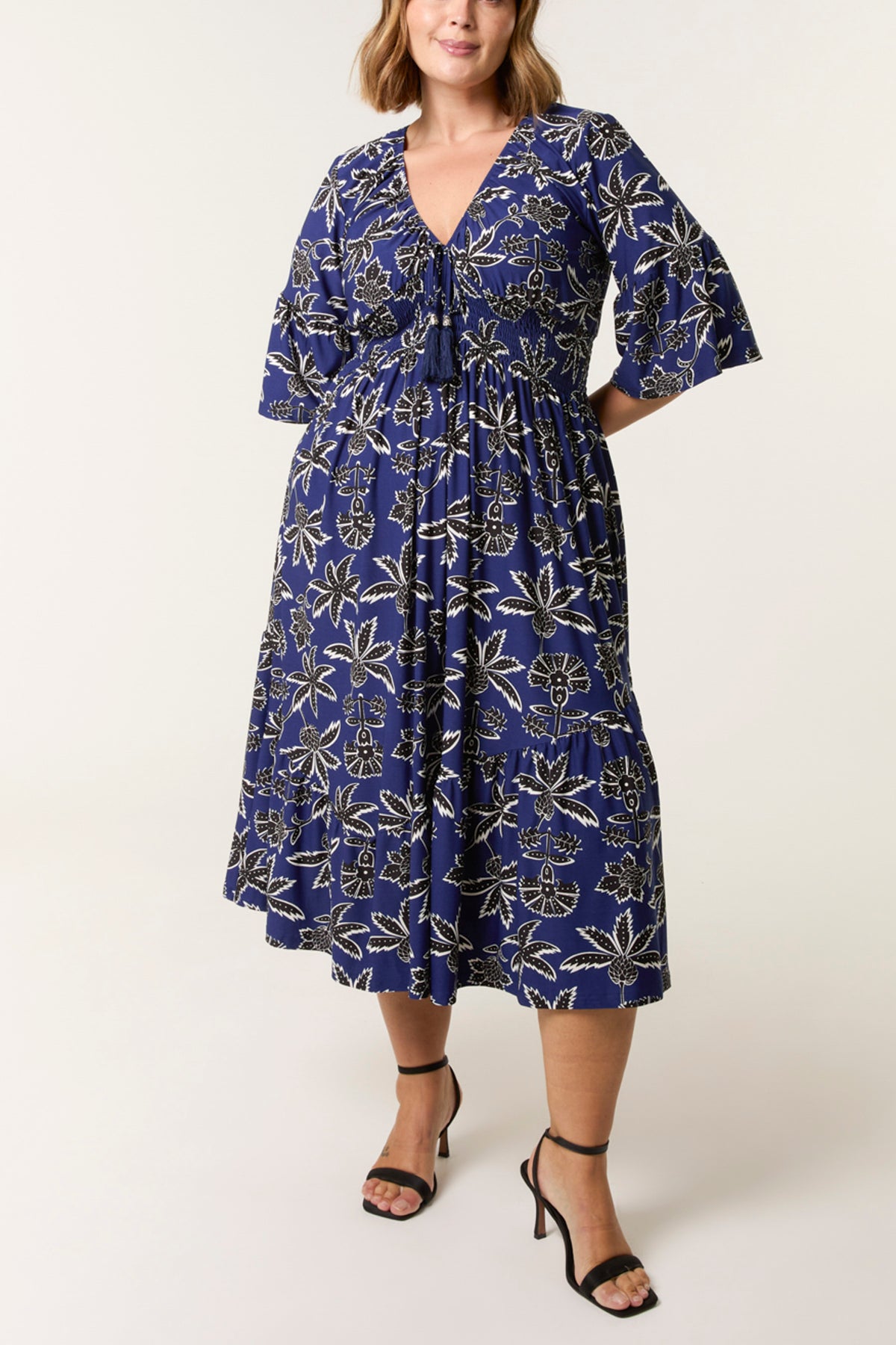 Curve Leaf Print Tassel Detail Midi Dress