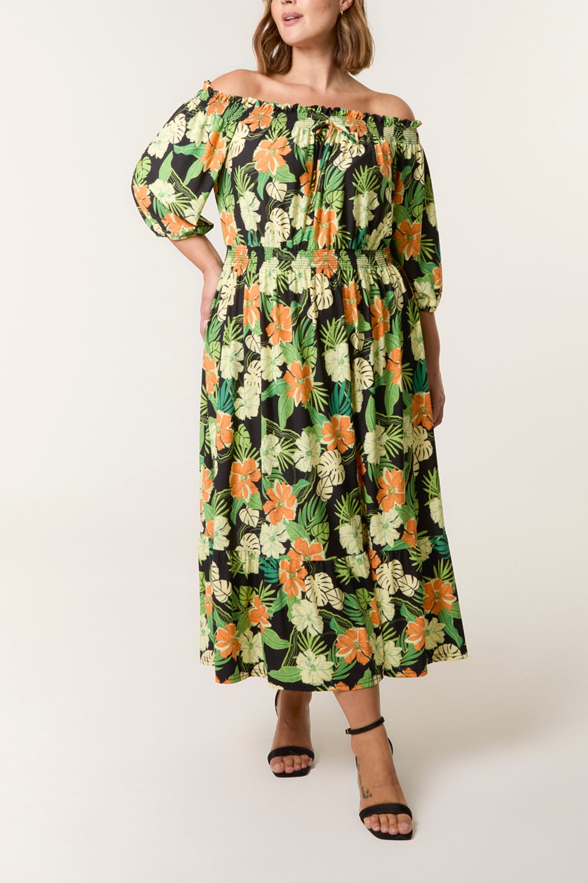 Curve Tropical Floral Bardot Elasticated Dress