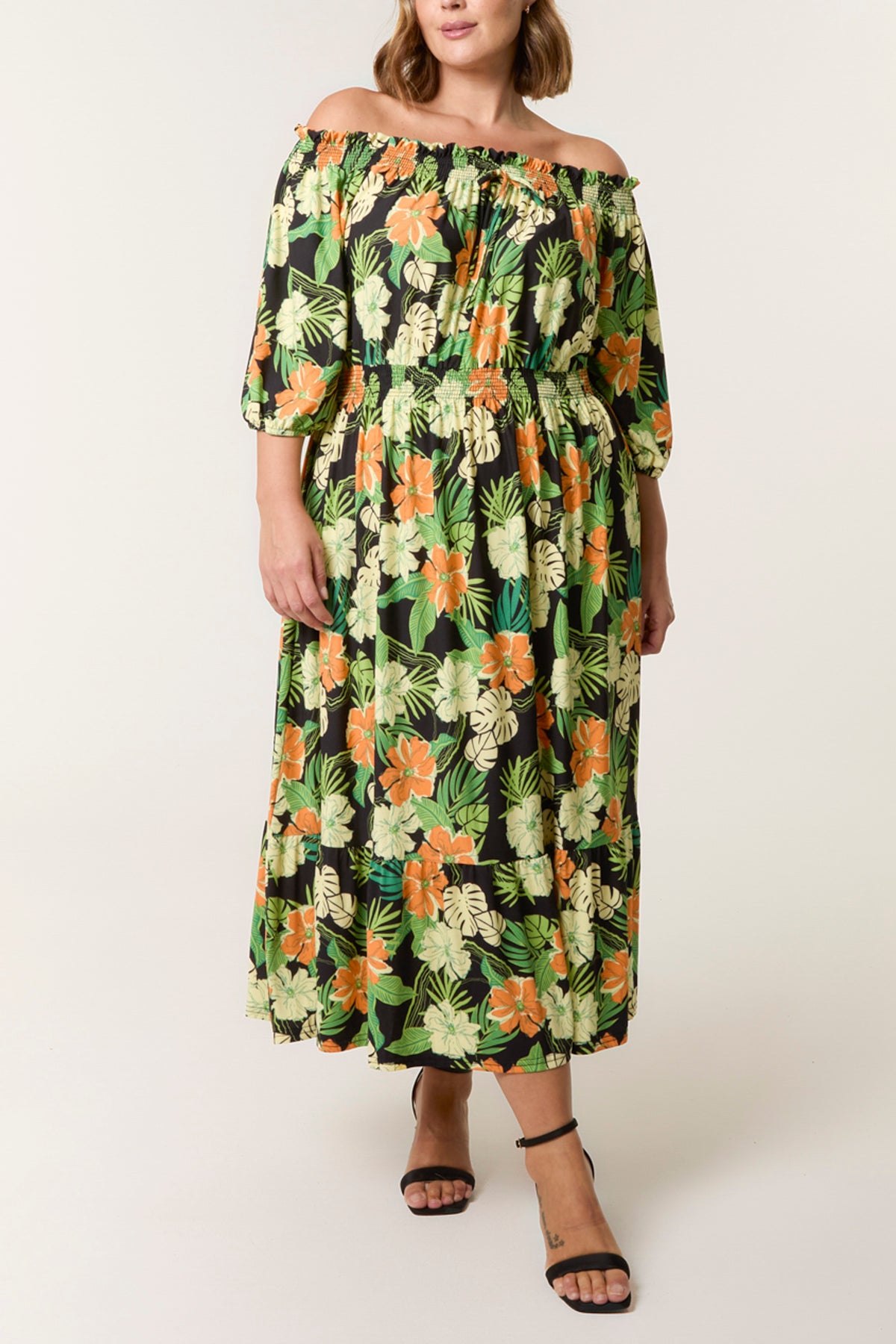 Curve Tropical Floral Bardot Elasticated Dress