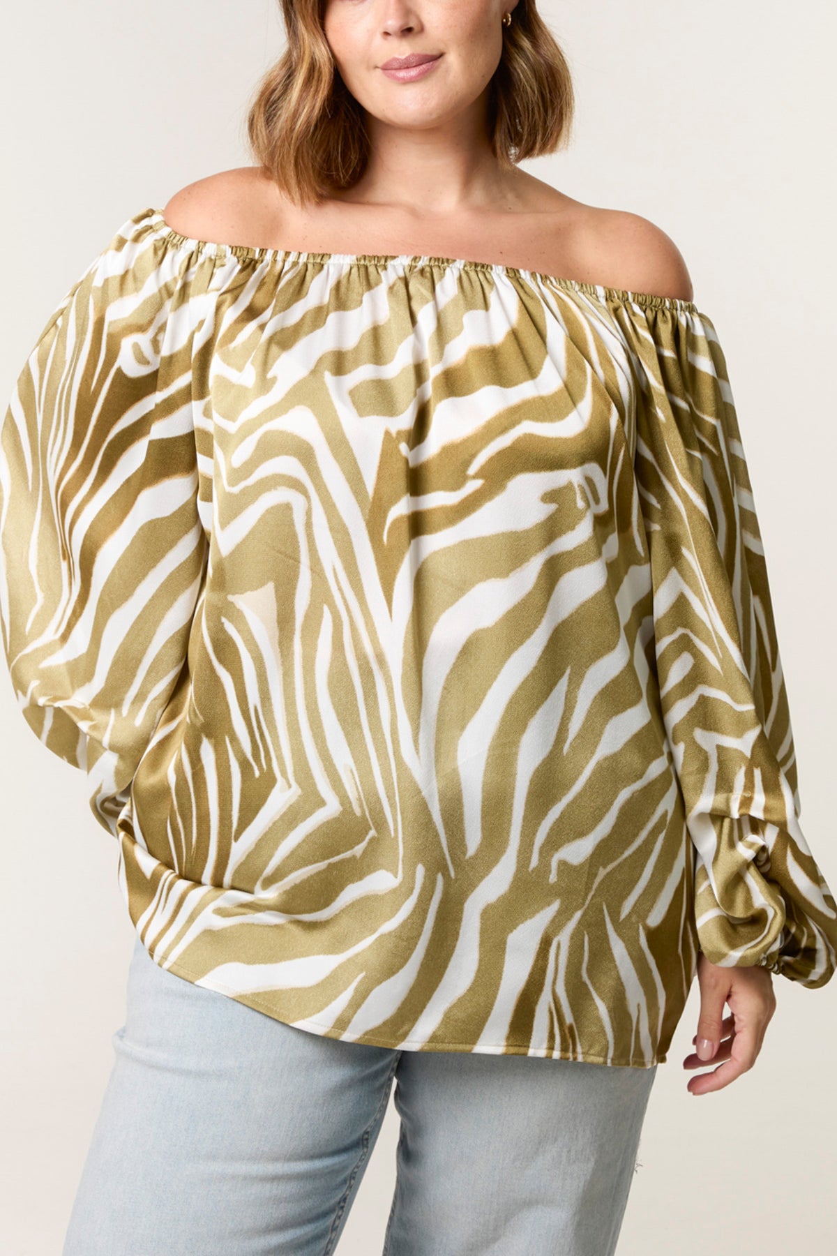 Curve Zebra Satin Ruched Bardot Top