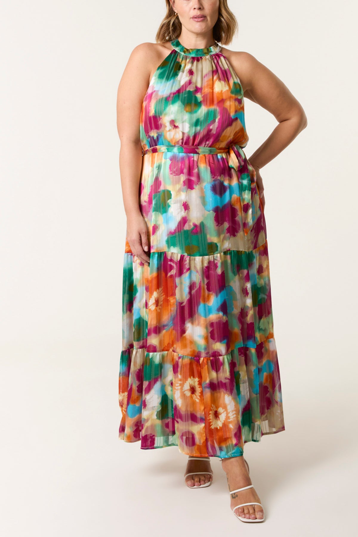 Curve Watercolour Floral Halter Neck Maxi Dress