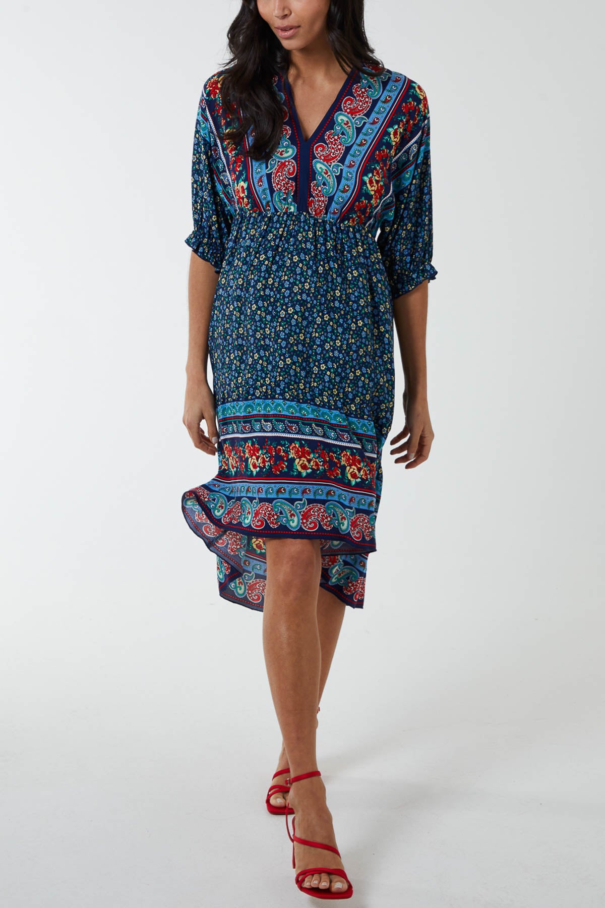 Asymmetric Paisley & Floral Midi Dress