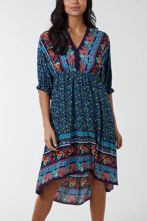Asymmetric Paisley & Floral Midi Dress