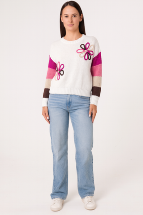 Colourful Floral Embroidery Striped Jumper