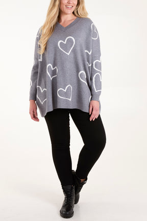 Heart Pattern V-Neck Jumper