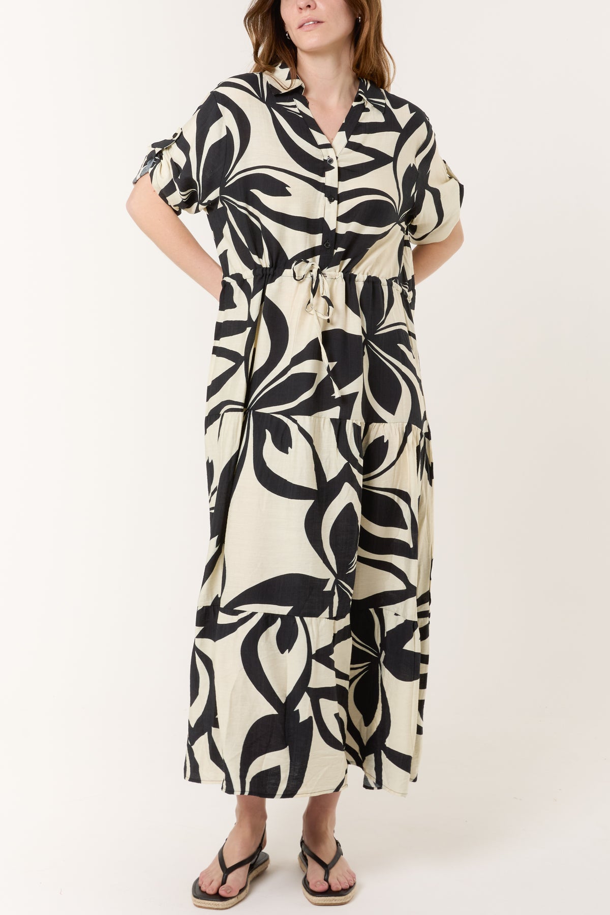 Abstract Floral Button & Tiered Midi Dress