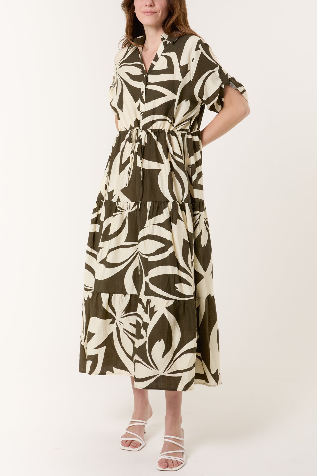 Abstract Floral Button & Tiered Midi Dress